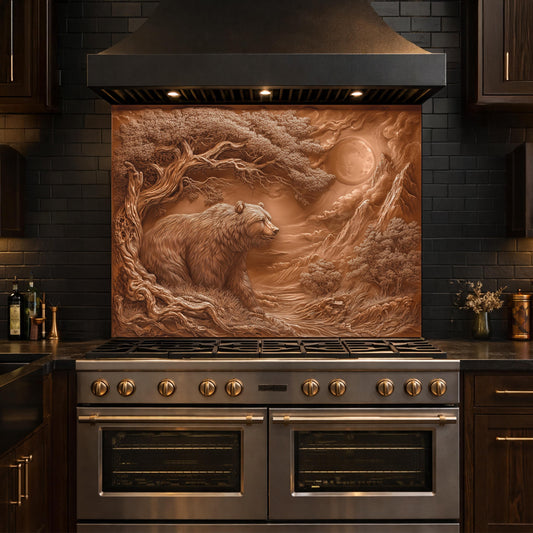 Copper Bear Mountain Tempered Glass Kitchen Backsplash Panel, Rustic Stove Guard Wall Art