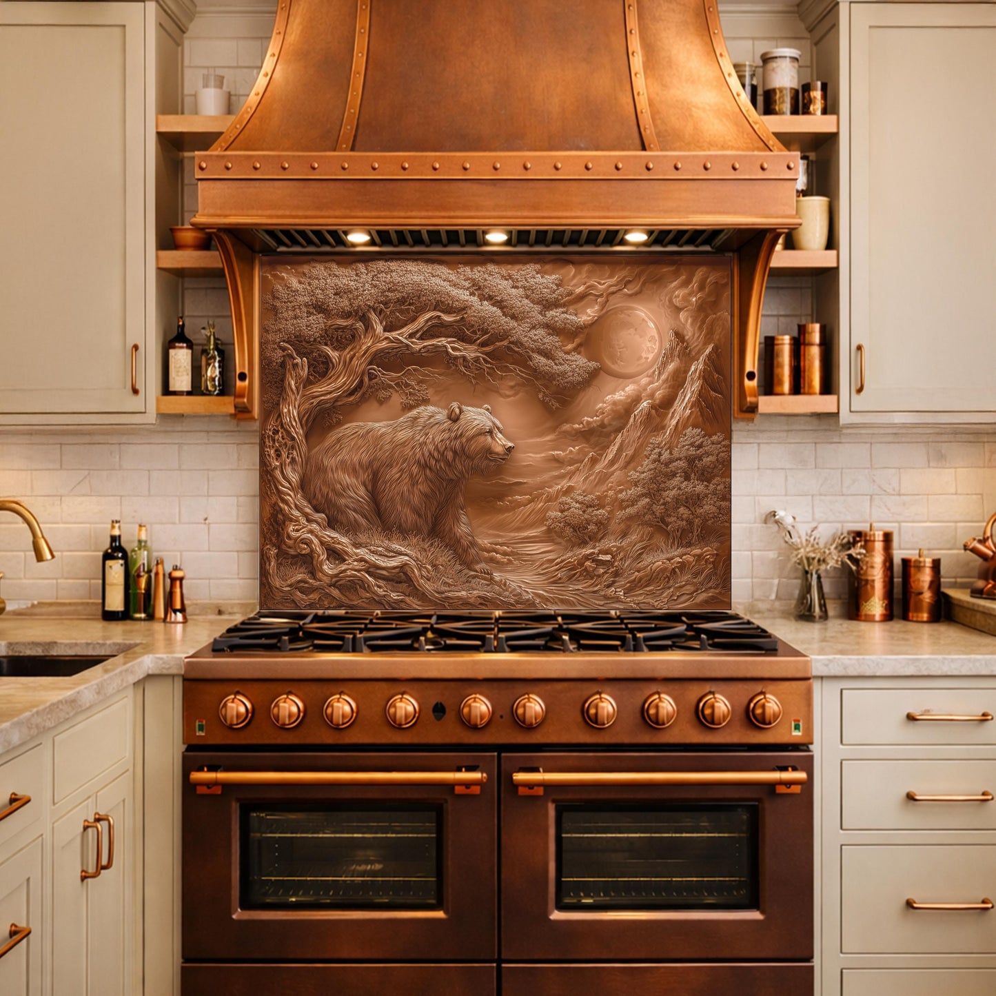 Copper Bear Mountain Tempered Glass Kitchen Backsplash Panel, Rustic Stove Guard Wall Art