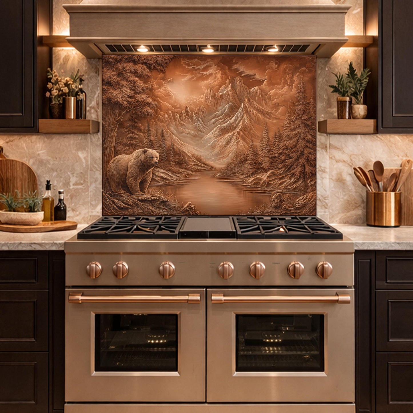 Copper Mountain Bear Glass Kitchen Backsplash Panel, Rustic Stove Guard Wall Art Decor