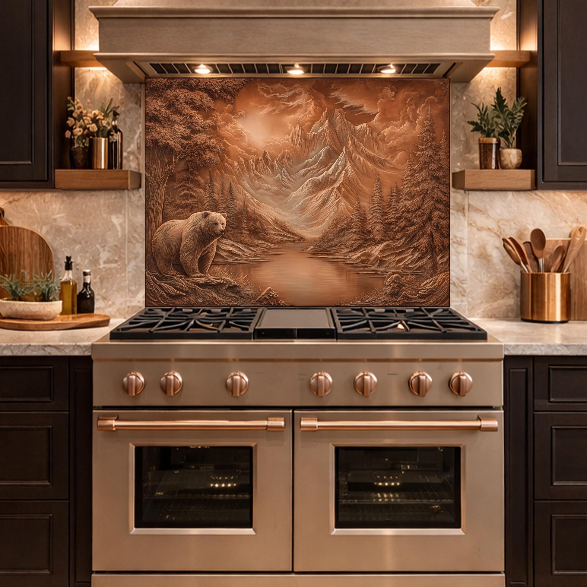 Copper Mountain Bear Glass Kitchen Backsplash Panel, Rustic Stove Guard Wall Art Decor