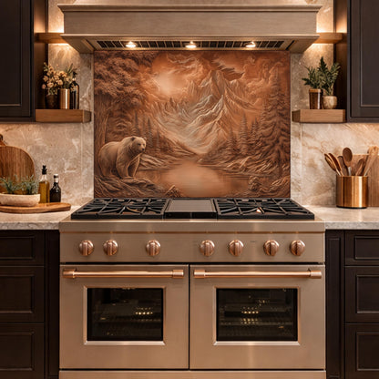 Copper Mountain Bear Glass Kitchen Backsplash Panel, Rustic Stove Guard Wall Art Decor