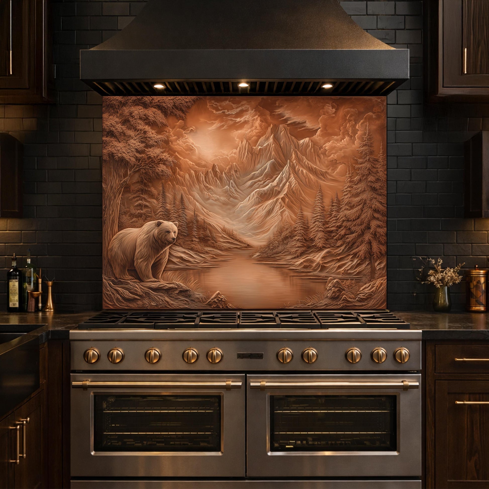 Copper Mountain Bear Glass Kitchen Backsplash Panel, Rustic Stove Guard Wall Art Decor