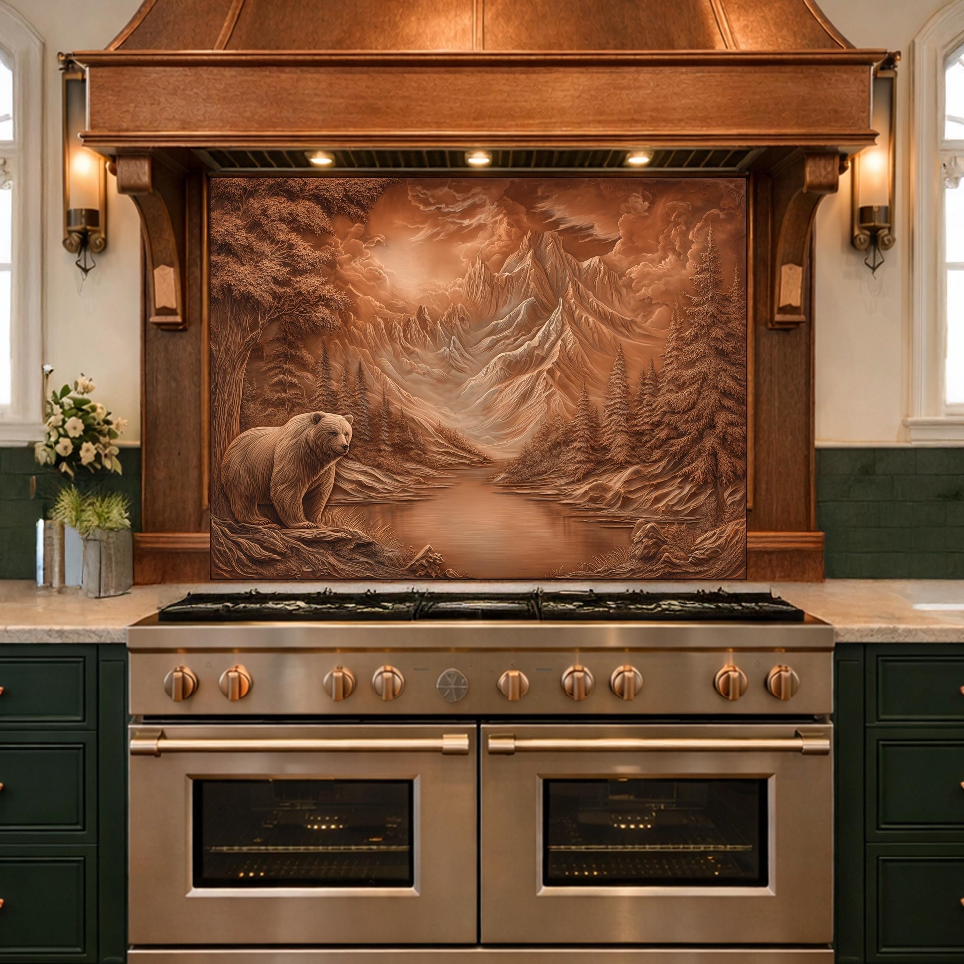 Copper Mountain Bear Glass Kitchen Backsplash Panel, Rustic Stove Guard Wall Art Decor