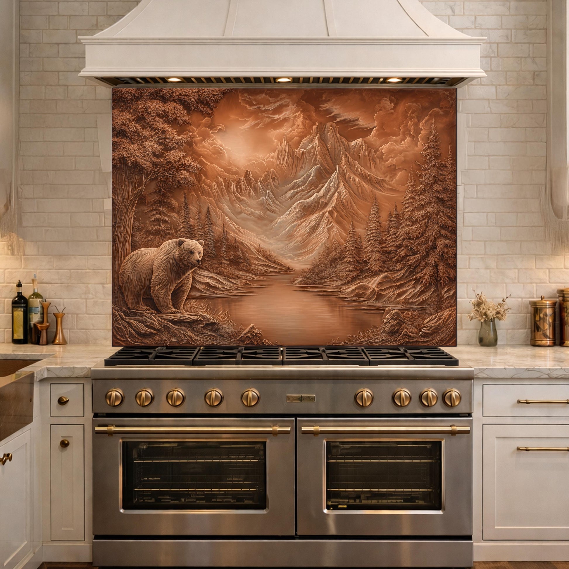 Copper Mountain Bear Glass Kitchen Backsplash Panel, Rustic Stove Guard Wall Art Decor