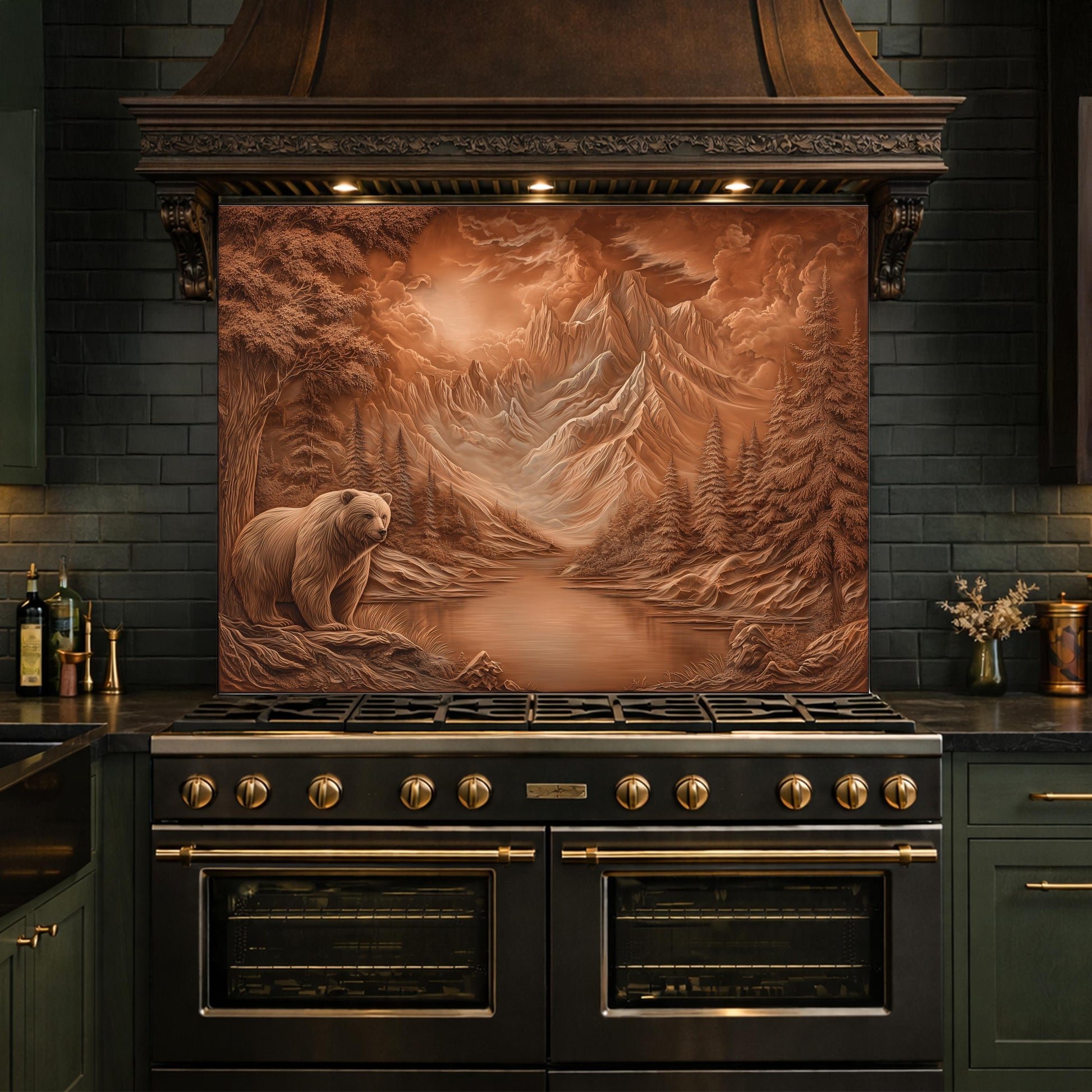 Copper Mountain Bear Glass Kitchen Backsplash Panel, Rustic Stove Guard Wall Art Decor