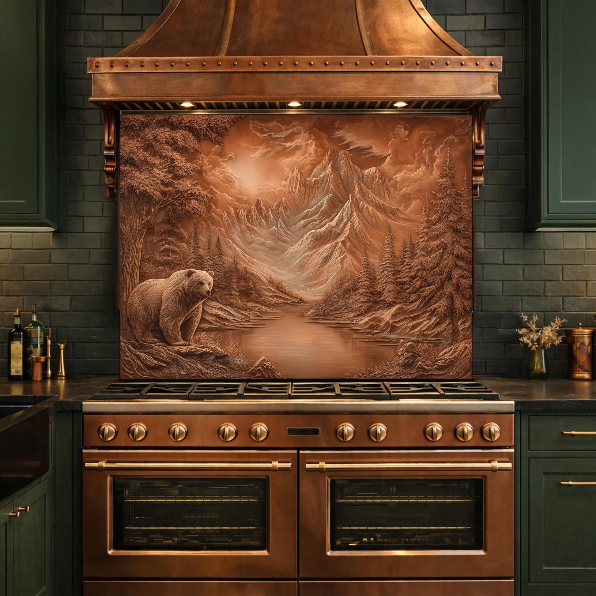 Copper Mountain Bear Glass Kitchen Backsplash Panel, Rustic Stove Guard Wall Art Decor