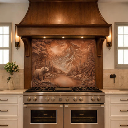 Copper Mountain Bear Glass Kitchen Backsplash Panel, Rustic Stove Guard Wall Art Decor