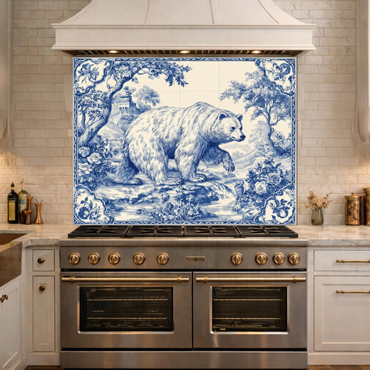 Blue White Bear Glass Kitchen Backsplash Panel, Vintage Tile Style Stove Guard Decor