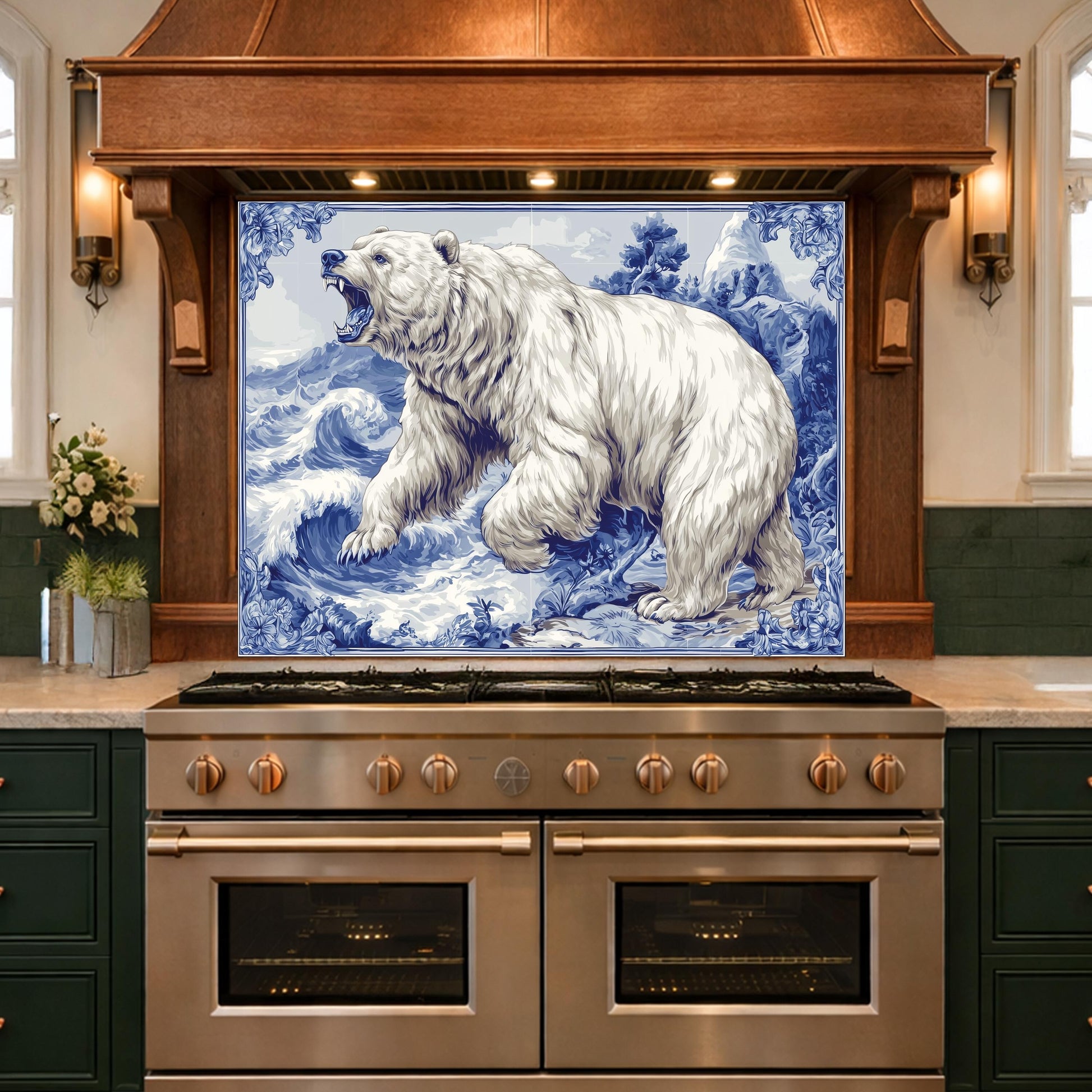 Blue White Bear Glass Kitchen Backsplash Panel, Ocean Wave Stove Guard Decor
