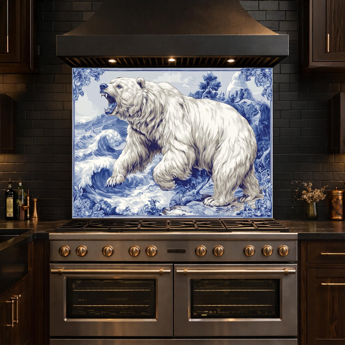 Blue White Bear Glass Kitchen Backsplash Panel, Ocean Wave Stove Guard Decor
