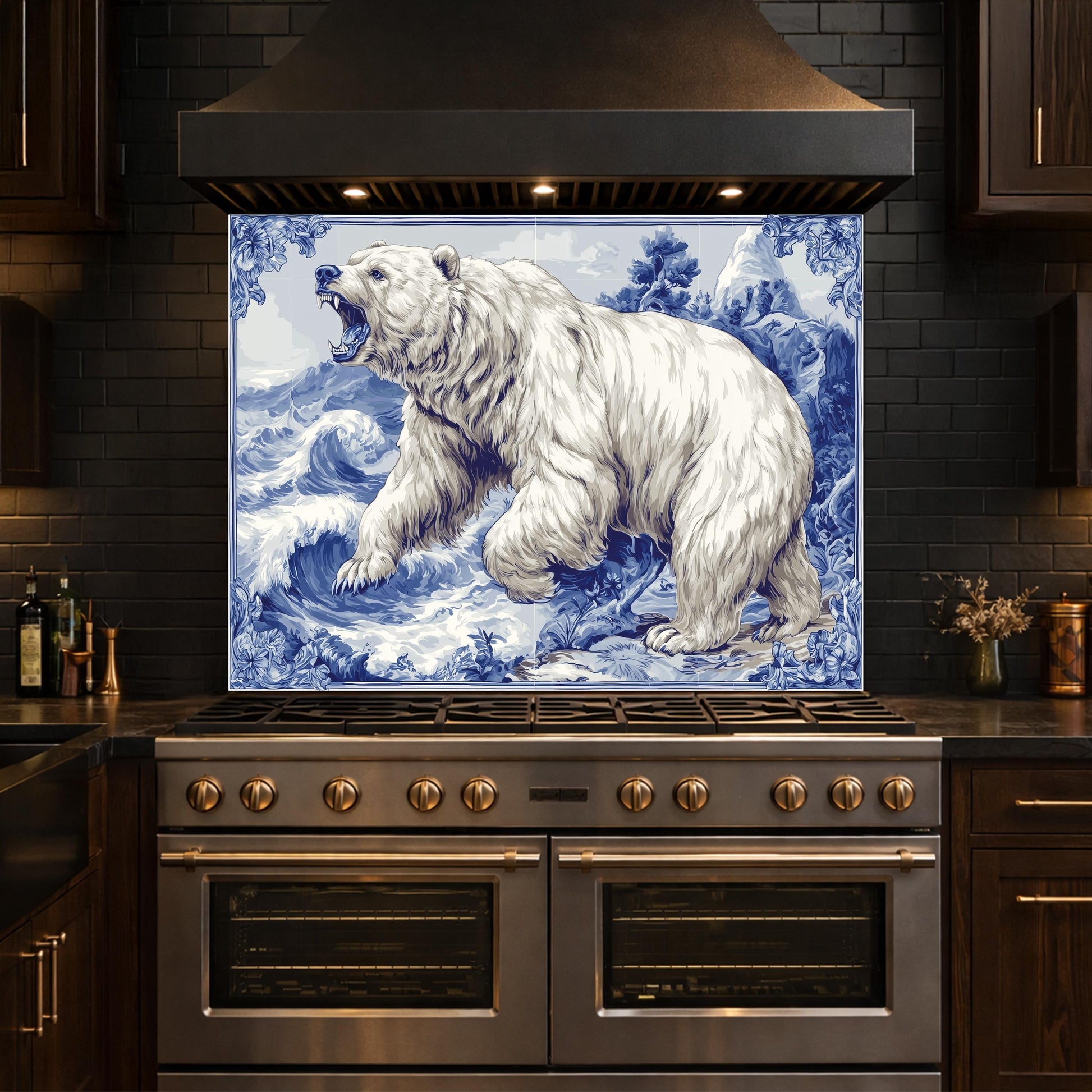 Blue White Bear Glass Kitchen Backsplash Panel, Ocean Wave Stove Guard Decor