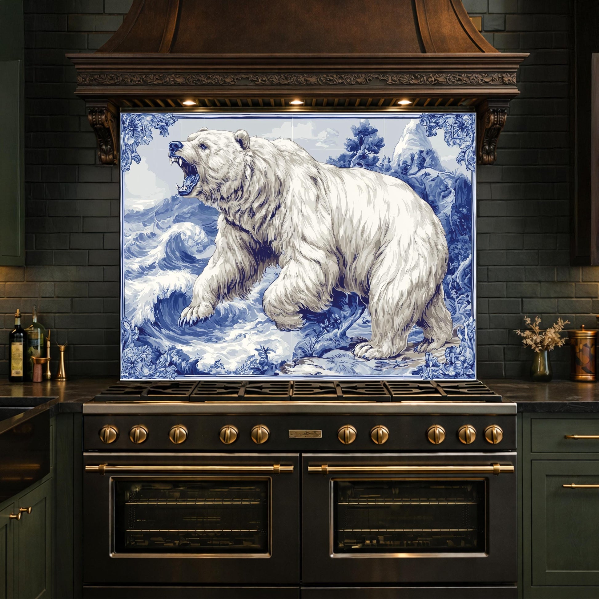 Blue White Bear Glass Kitchen Backsplash Panel, Ocean Wave Stove Guard Decor