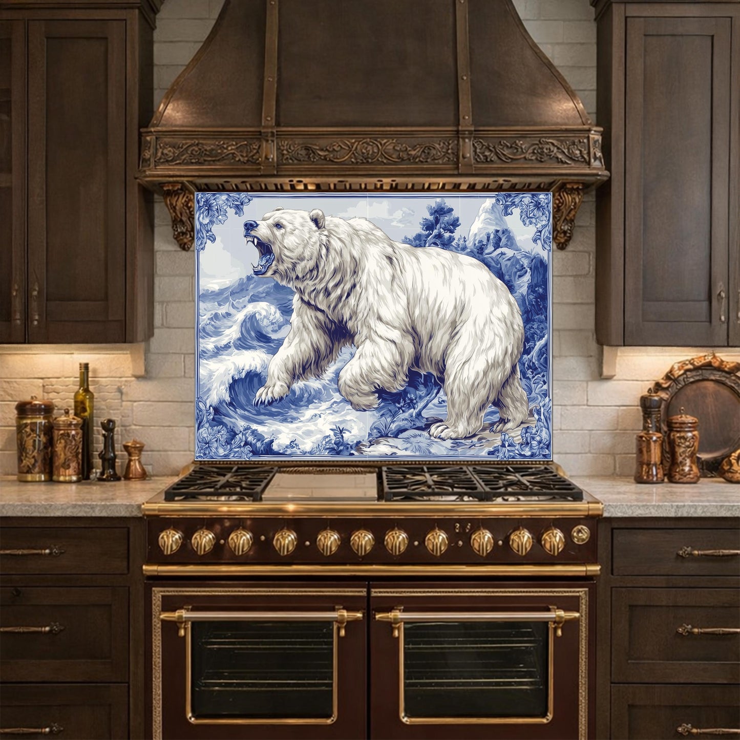 Blue White Bear Glass Kitchen Backsplash Panel, Ocean Wave Stove Guard Decor