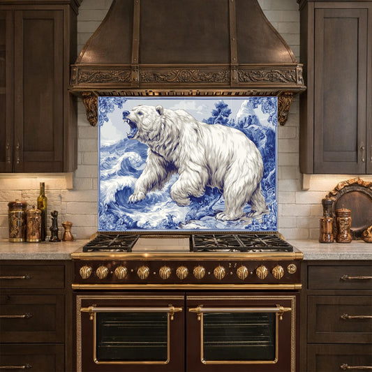 Blue White Bear Glass Kitchen Backsplash Panel, Ocean Wave Stove Guard Decor