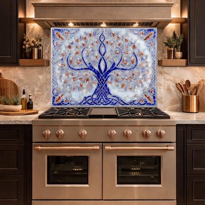 Tree of Life Glass Kitchen Backsplash Panel, Blue Mosaic Stove Guard Wall Art