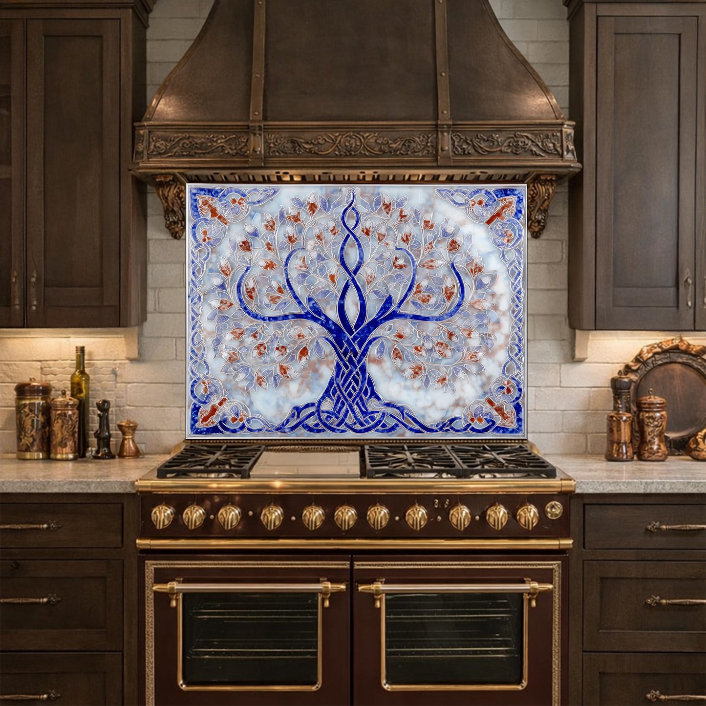 Tree of Life Glass Kitchen Backsplash Panel, Blue Mosaic Stove Guard Wall Art