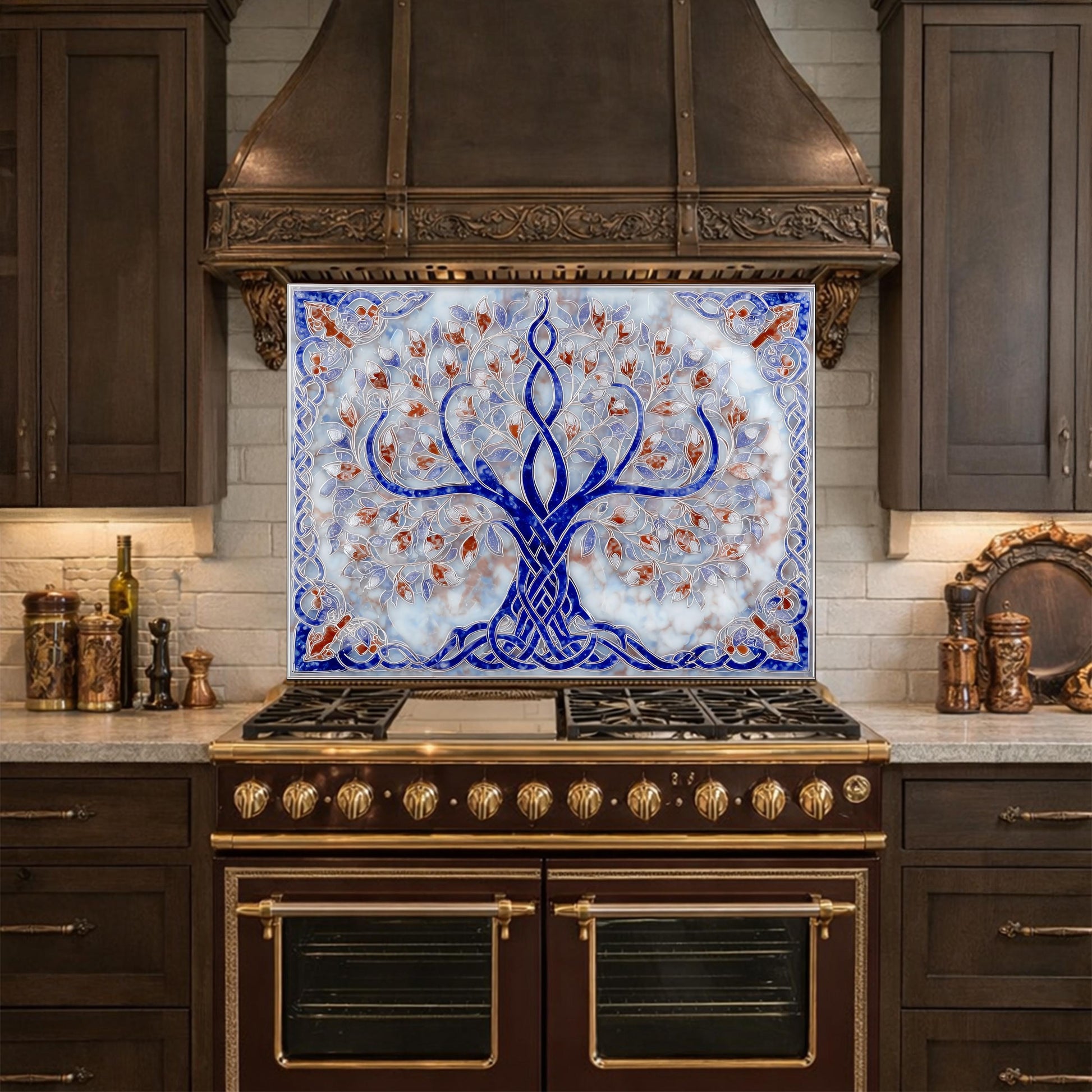 Tree of Life Glass Kitchen Backsplash Panel, Blue Mosaic Stove Guard Wall Art