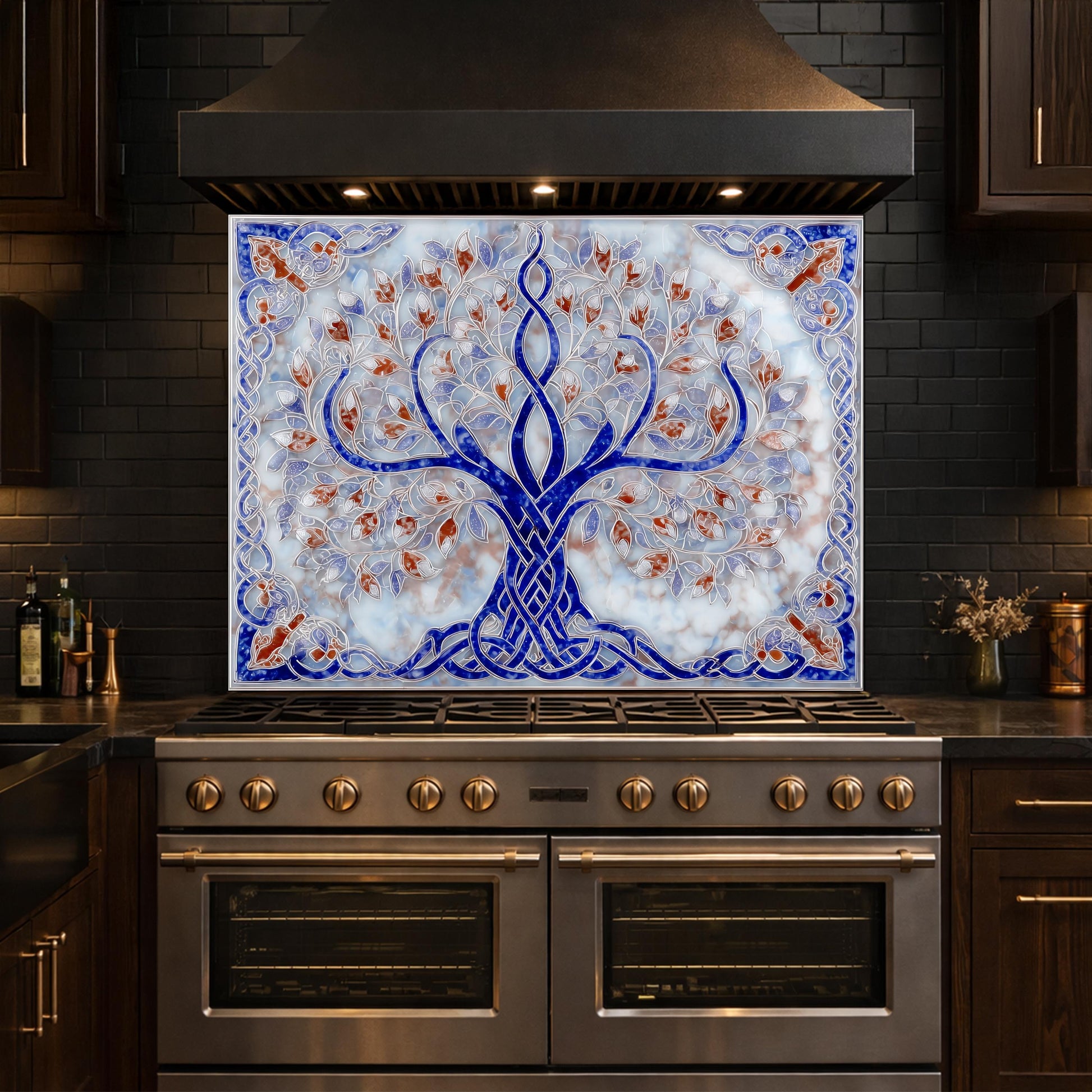 Tree of Life Glass Kitchen Backsplash Panel, Blue Mosaic Stove Guard Wall Art