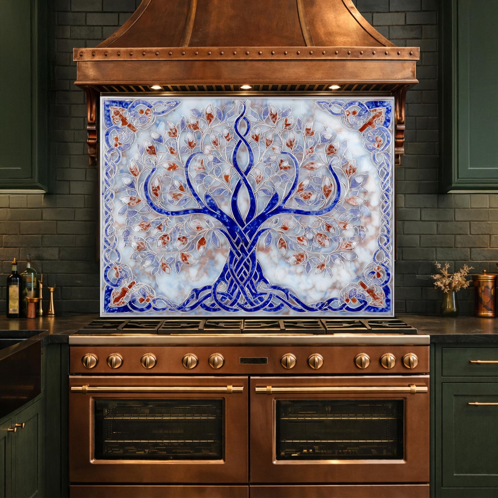 Tree of Life Glass Kitchen Backsplash Panel, Blue Mosaic Stove Guard Wall Art
