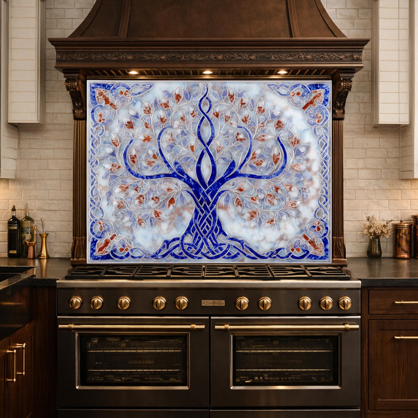 Tree of Life Glass Kitchen Backsplash Panel, Blue Mosaic Stove Guard Wall Art