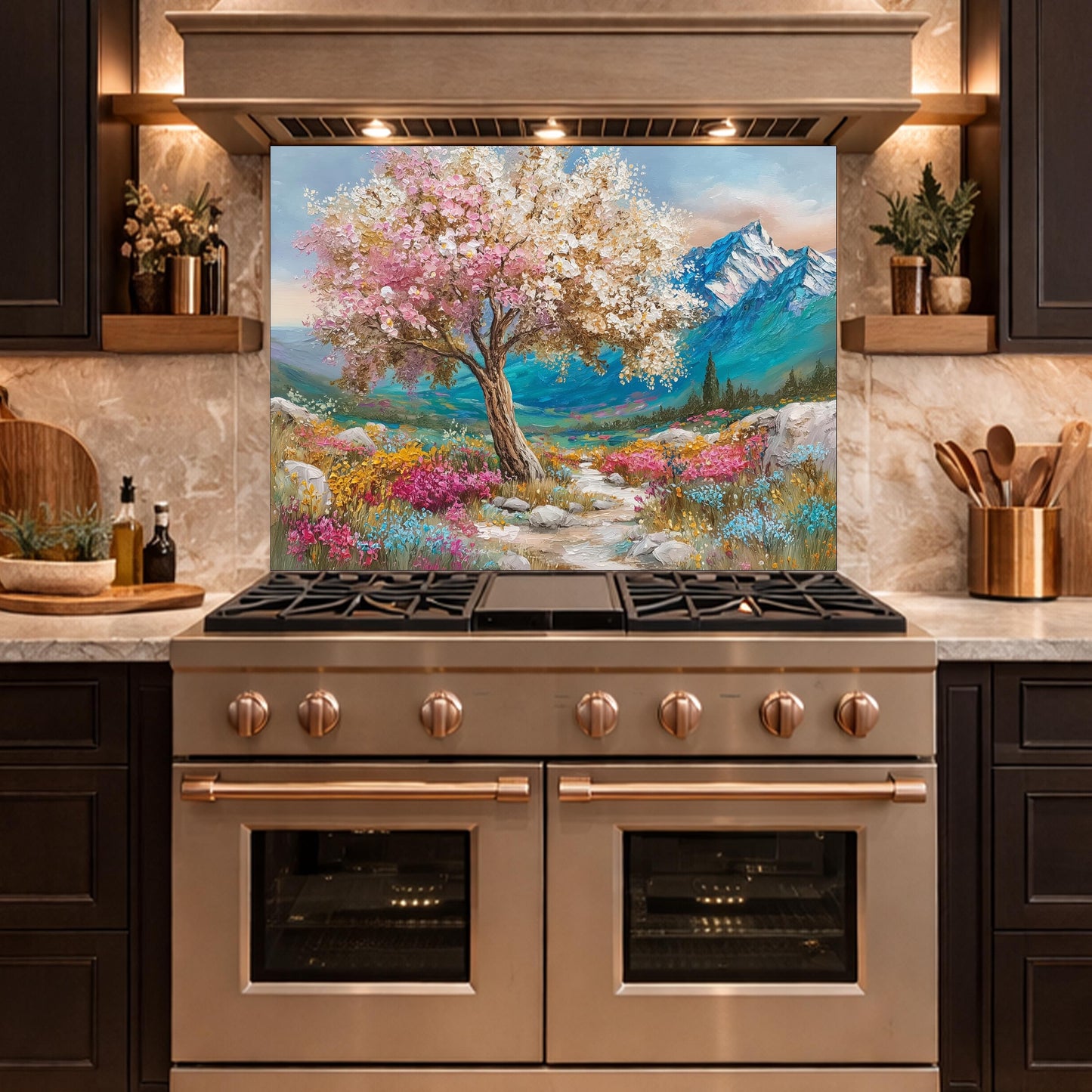 Blossom Tree Glass Kitchen Backsplash Panel, Mountain Floral Stove Guard Wall Art