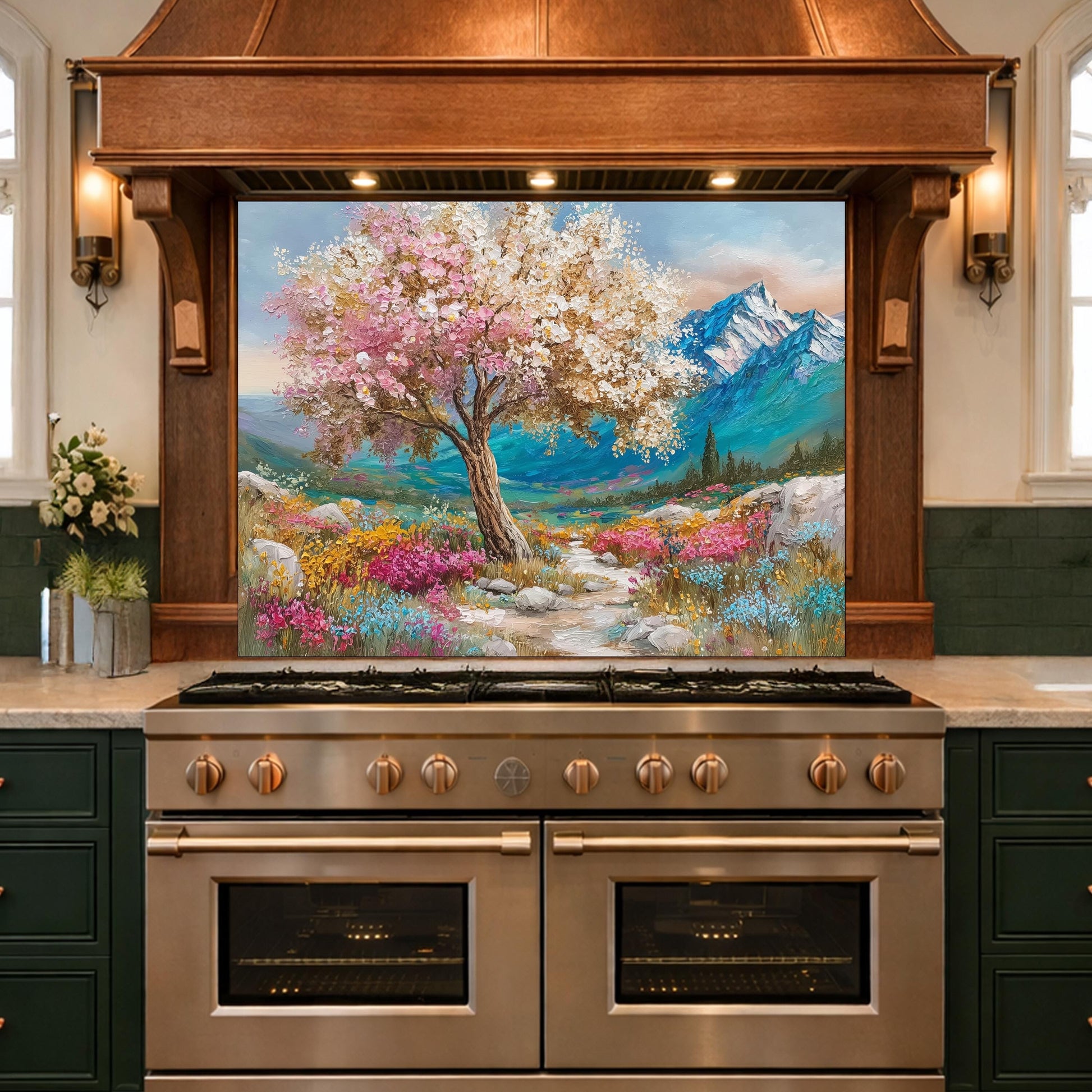 Blossom Tree Glass Kitchen Backsplash Panel, Mountain Floral Stove Guard Wall Art