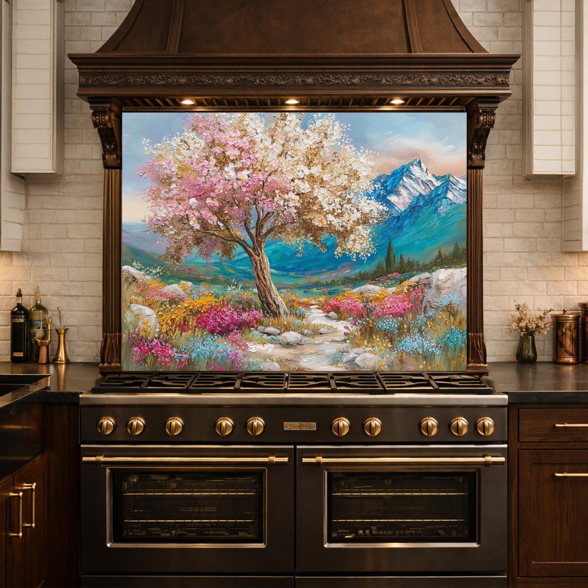 Blossom Tree Glass Kitchen Backsplash Panel, Mountain Floral Stove Guard Wall Art