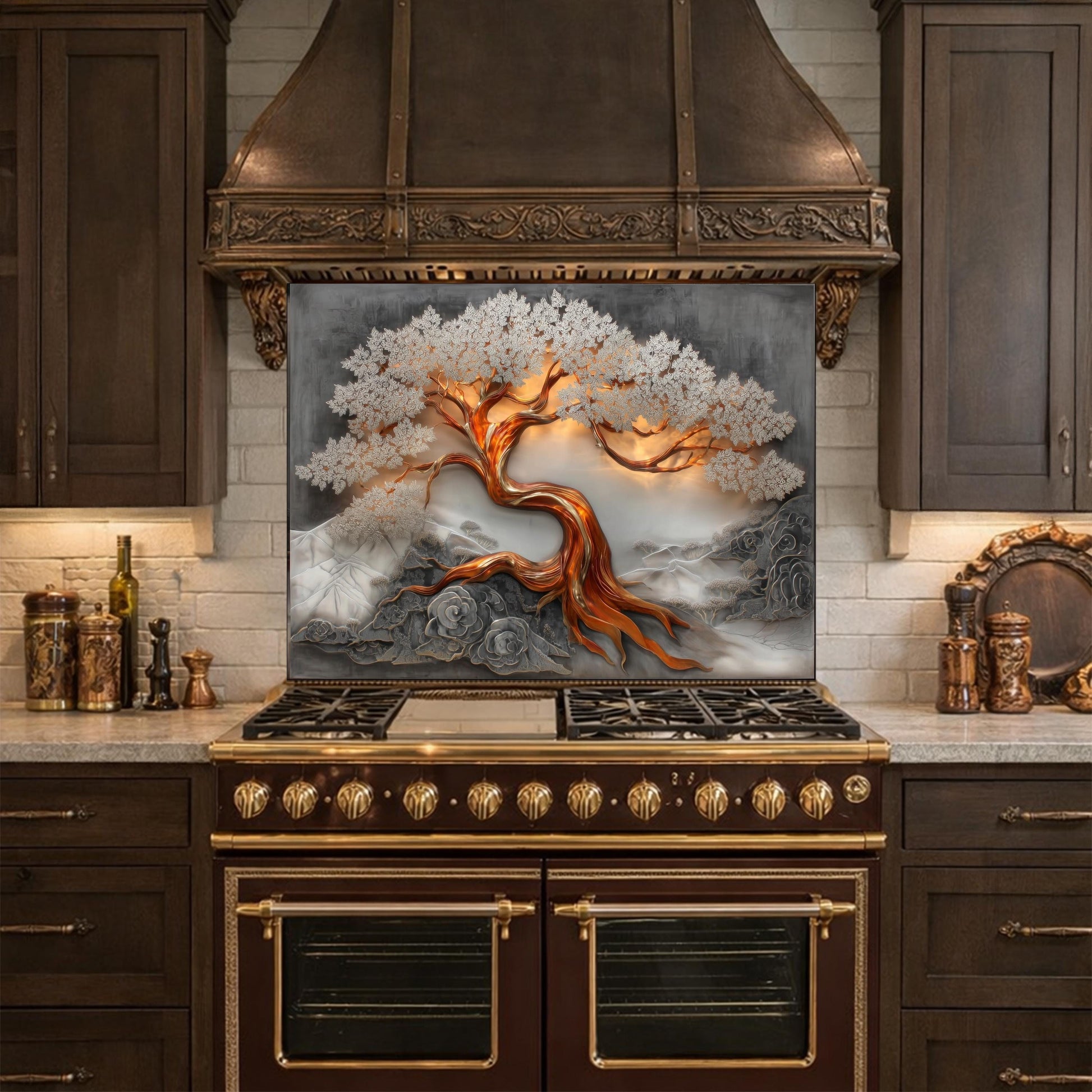 Copper Tree Glass Kitchen Backsplash Panel, Luxury Nature Stove Guard Wall Art Decor