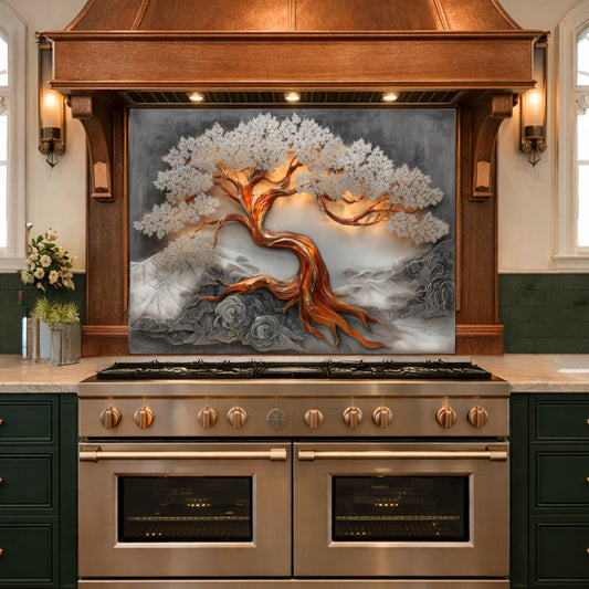 Copper Tree Glass Kitchen Backsplash Panel, Luxury Nature Stove Guard Wall Art Decor