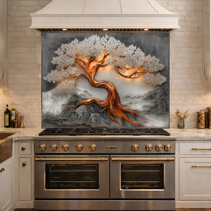 Copper Tree Glass Kitchen Backsplash Panel, Luxury Nature Stove Guard Wall Art Decor