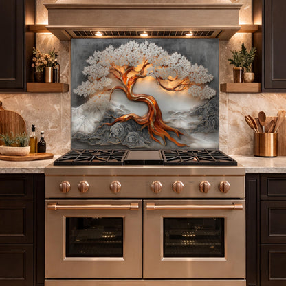 Copper Tree Glass Kitchen Backsplash Panel, Luxury Nature Stove Guard Wall Art Decor