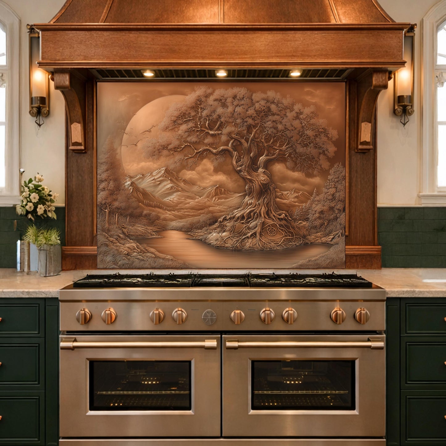 Copper Tree of Life Glass Kitchen Backsplash Panel, Mountain Stove Guard Wall Art
