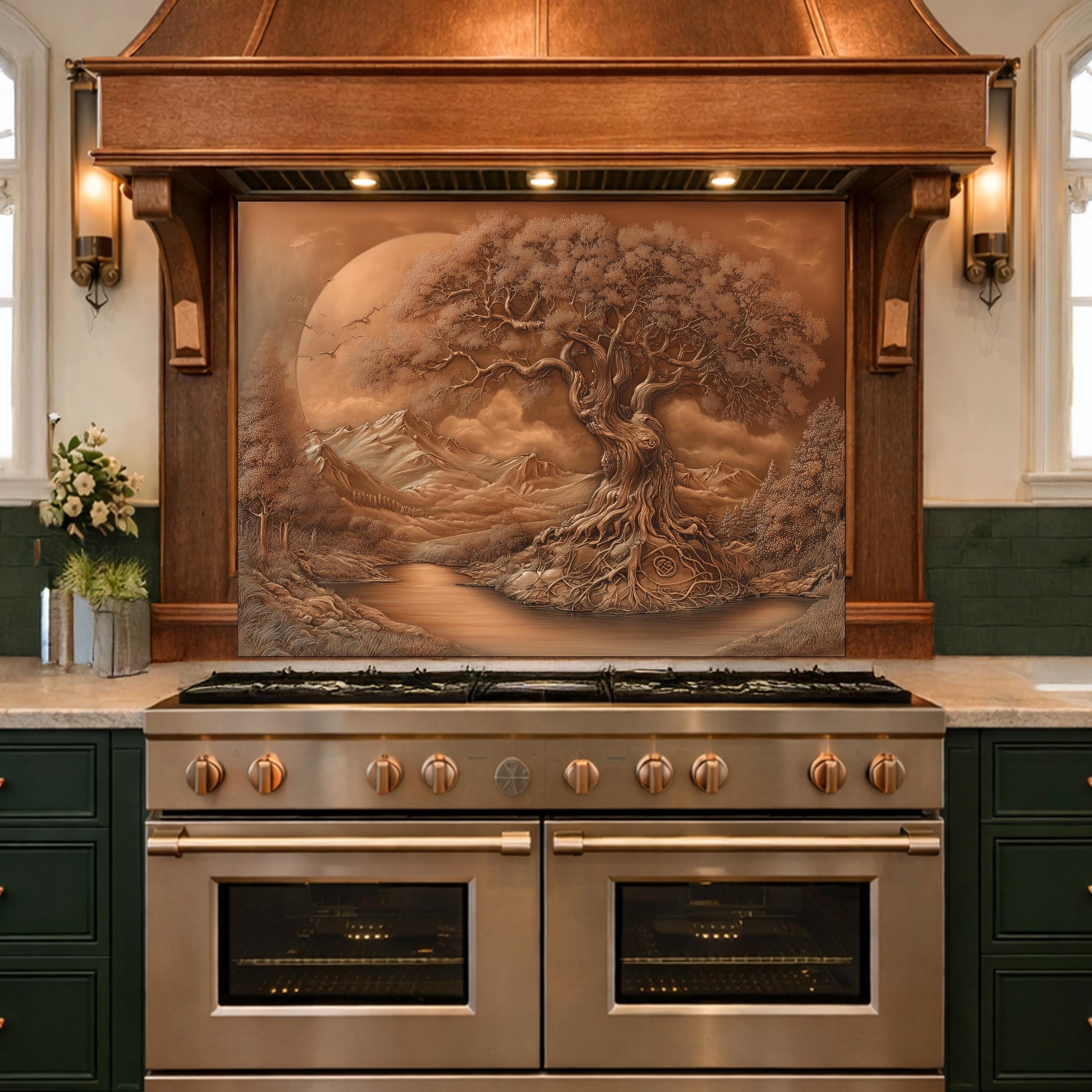 Copper Tree of Life Glass Kitchen Backsplash Panel, Mountain Stove Guard Wall Art