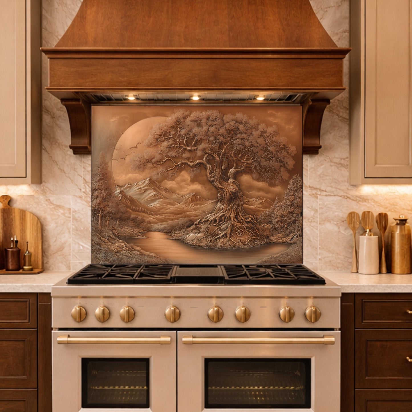 Copper Tree of Life Glass Kitchen Backsplash Panel, Mountain Stove Guard Wall Art