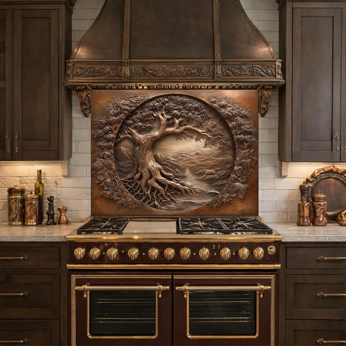 Copper Tree of Life Glass Backsplash, 3D Engraved Rustic Landscape Kitchen Panel