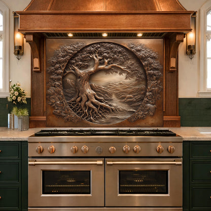 Copper Tree of Life Glass Backsplash, 3D Engraved Rustic Landscape Kitchen Panel
