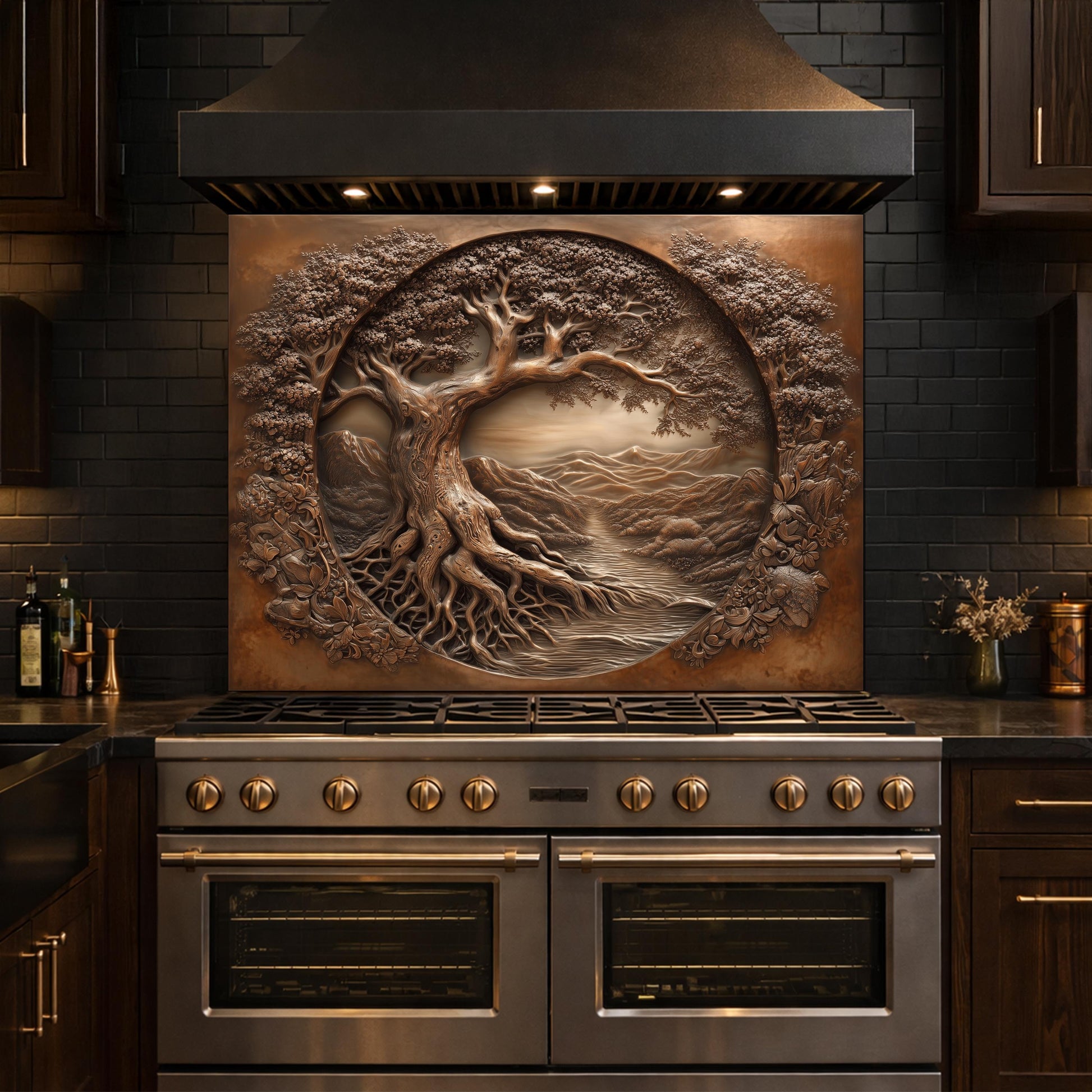 Copper Tree of Life Glass Backsplash, 3D Engraved Rustic Landscape Kitchen Panel