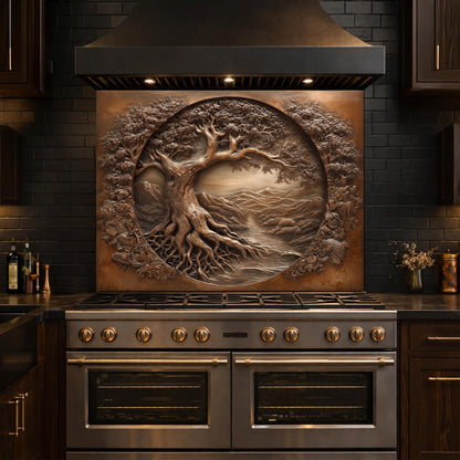Copper Tree of Life Glass Backsplash, 3D Engraved Rustic Landscape Kitchen Panel
