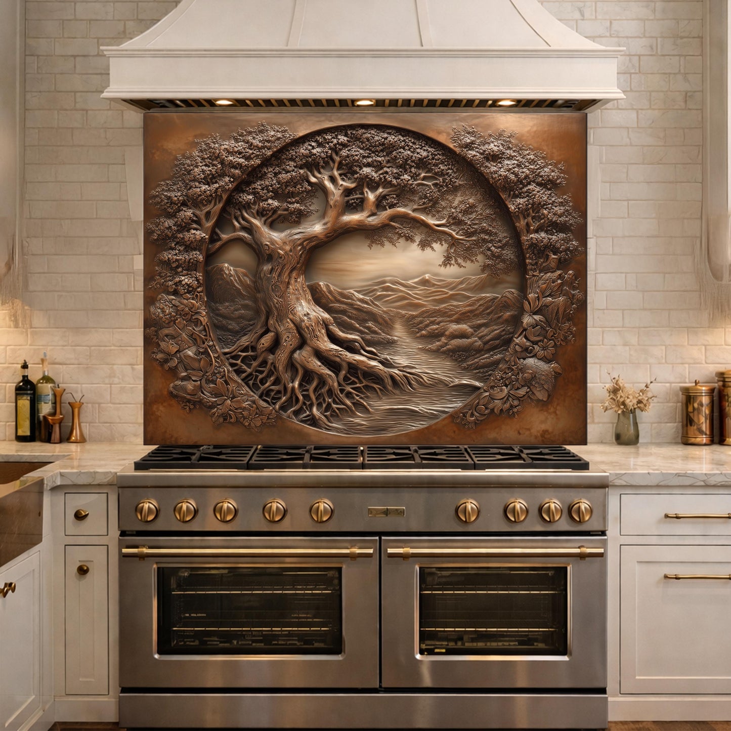 Copper Tree of Life Glass Backsplash, 3D Engraved Rustic Landscape Kitchen Panel