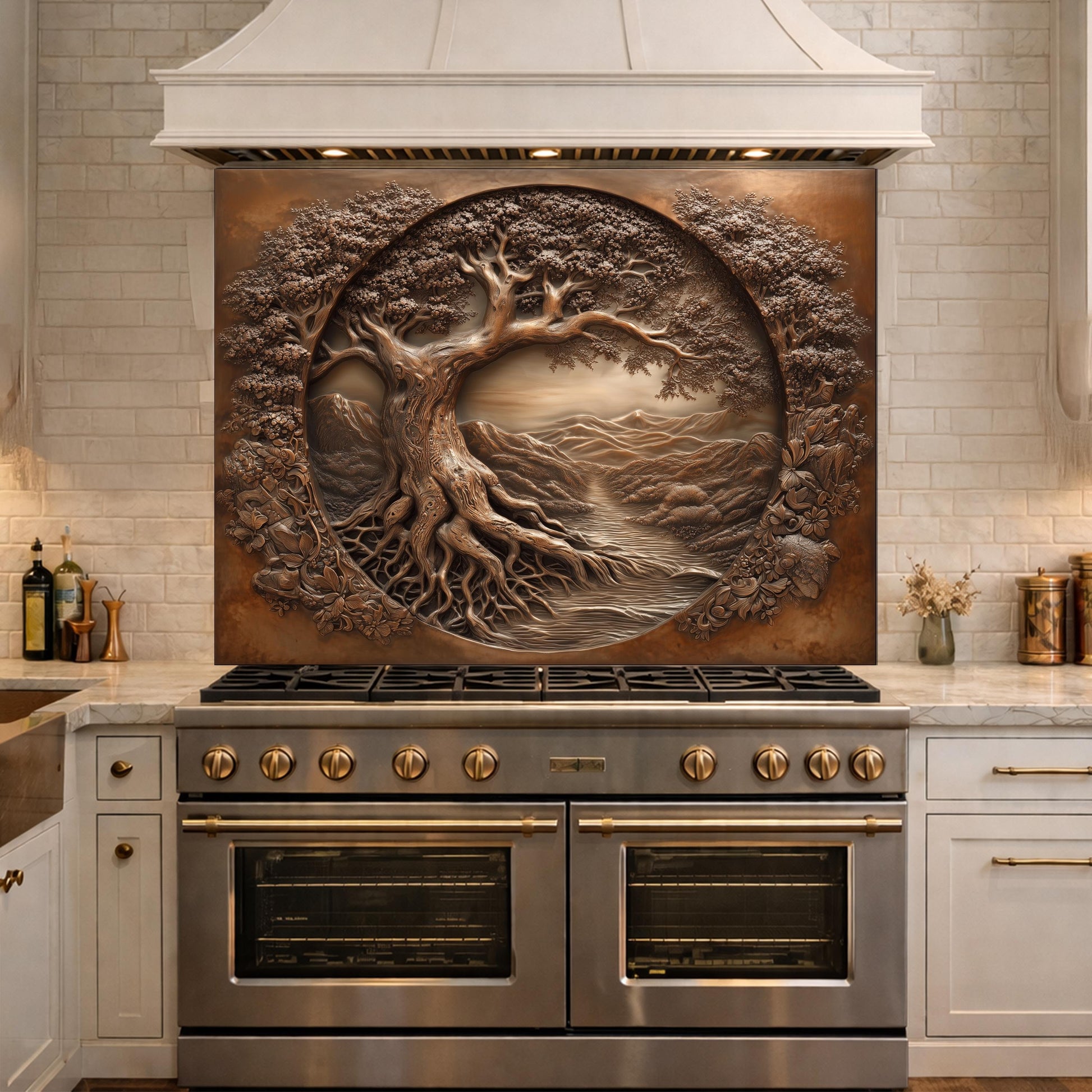 Copper Tree of Life Glass Backsplash, 3D Engraved Rustic Landscape Kitchen Panel