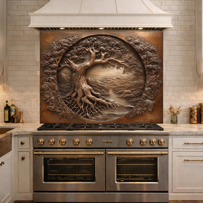 Copper Tree of Life Glass Backsplash, 3D Engraved Rustic Landscape Kitchen Panel