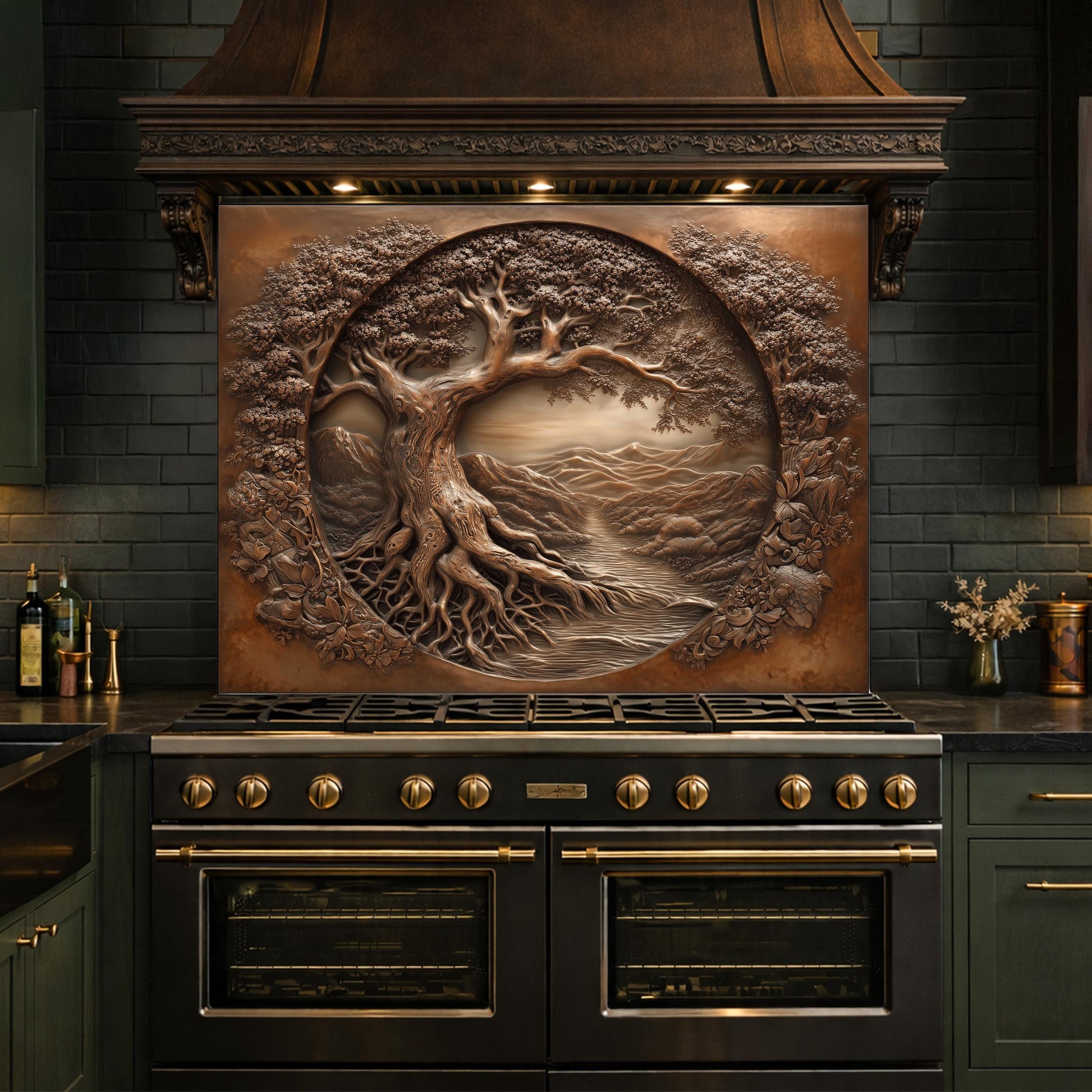 Copper Tree of Life Glass Backsplash, 3D Engraved Rustic Landscape Kitchen Panel