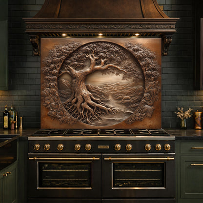 Copper Tree of Life Glass Backsplash, 3D Engraved Rustic Landscape Kitchen Panel