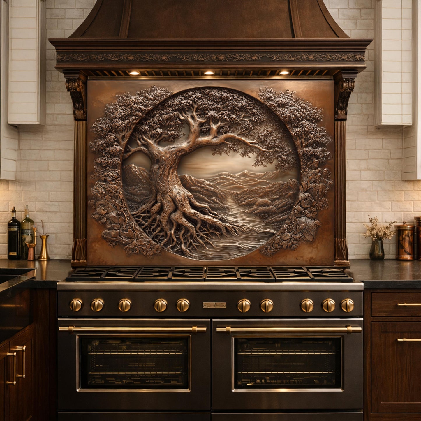 Copper Tree of Life Glass Backsplash, 3D Engraved Rustic Landscape Kitchen Panel