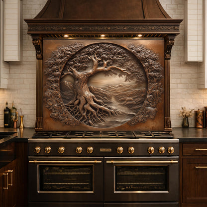 Copper Tree of Life Glass Backsplash, 3D Engraved Rustic Landscape Kitchen Panel