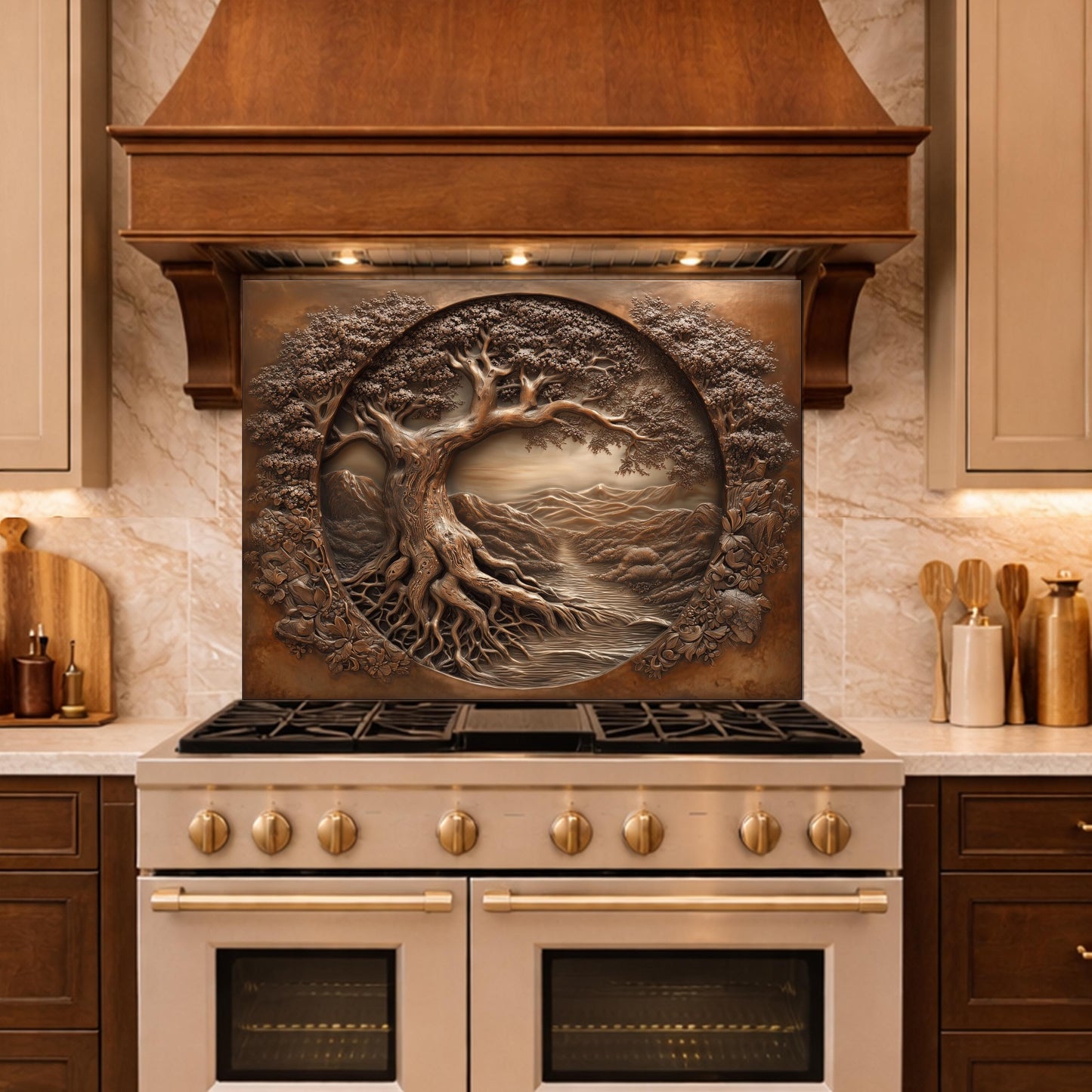 Copper Tree of Life Glass Backsplash, 3D Engraved Rustic Landscape Kitchen Panel