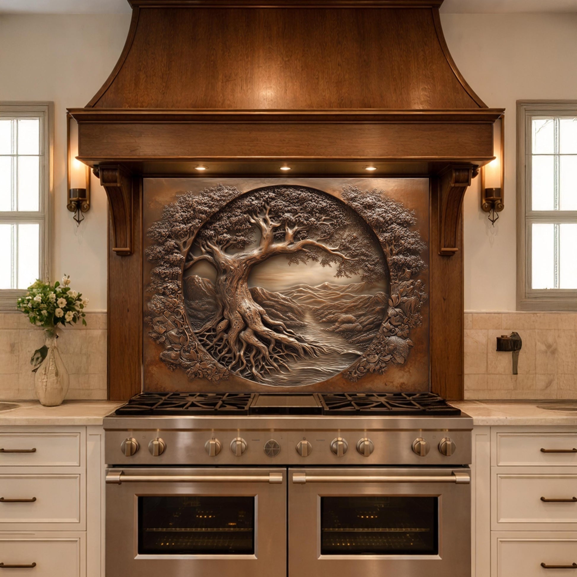 Copper Tree of Life Glass Backsplash, 3D Engraved Rustic Landscape Kitchen Panel