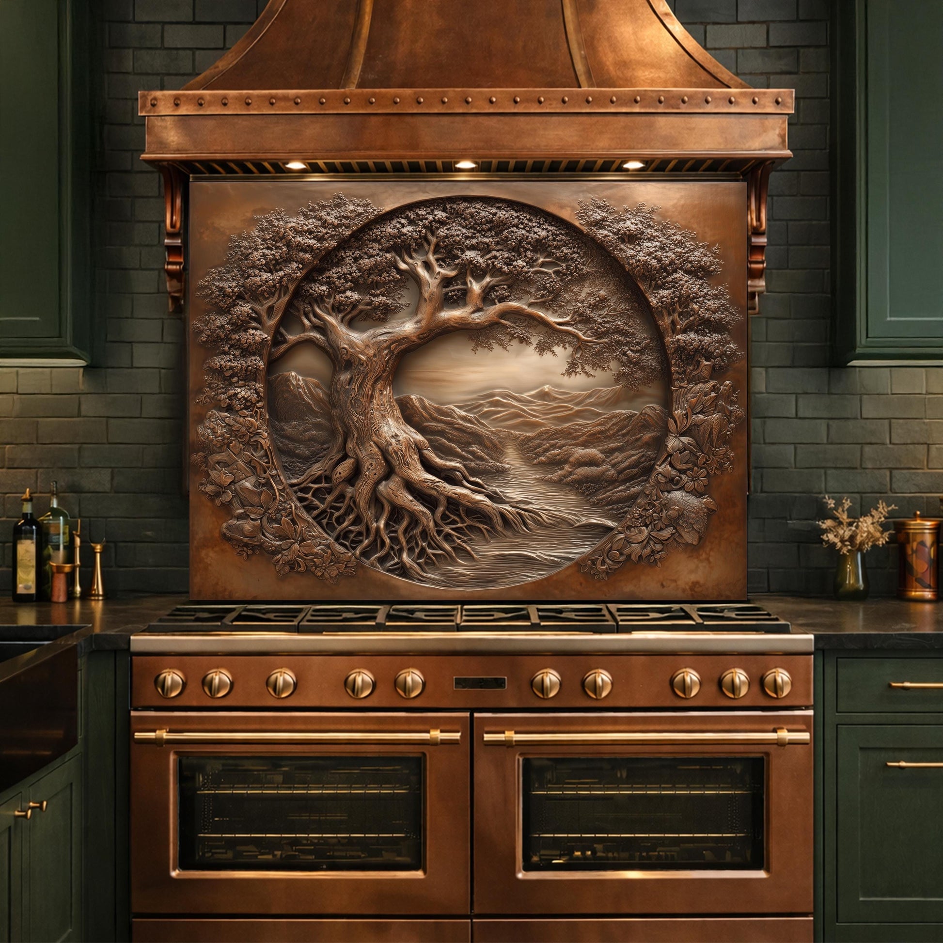 Copper Tree of Life Glass Backsplash, 3D Engraved Rustic Landscape Kitchen Panel