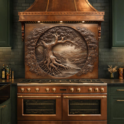 Copper Tree of Life Glass Backsplash, 3D Engraved Rustic Landscape Kitchen Panel