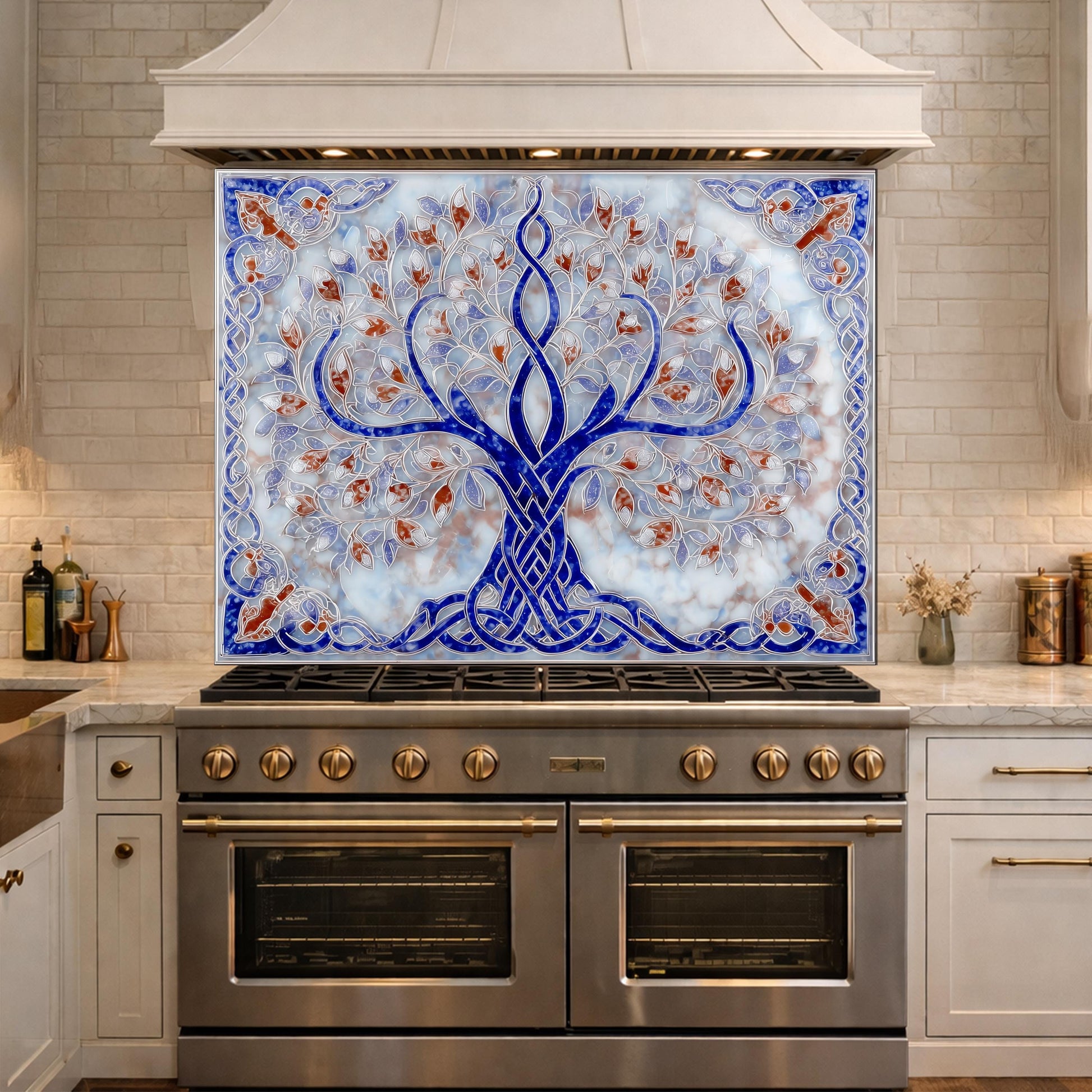 Tree of Life Glass Kitchen Backsplash Panel, Blue Mosaic Stove Guard Wall Art